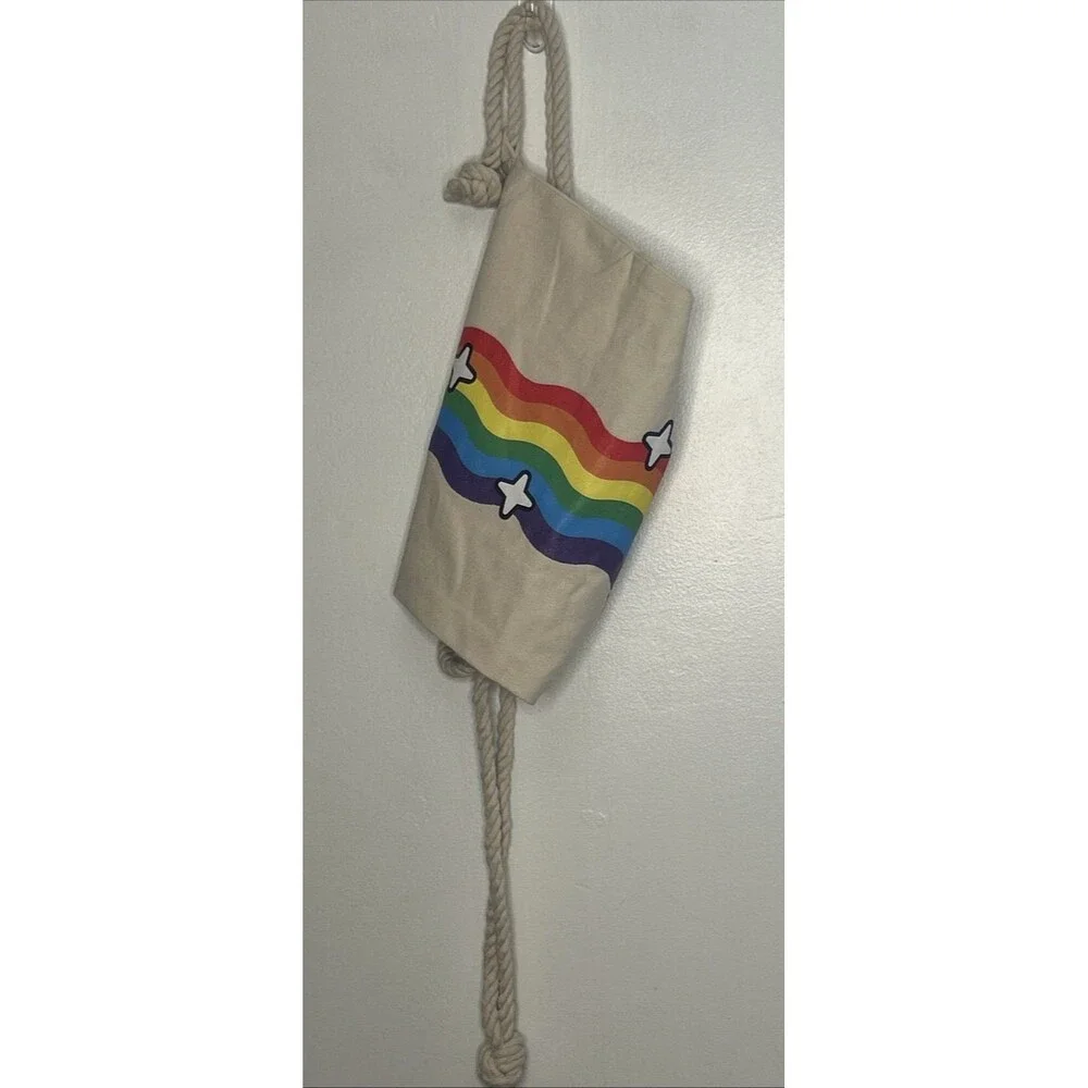New Snap Chat Colorful Rainbow Tote Bag Canvas Rope Backpack Beach Never Used - Picture 2 of 4